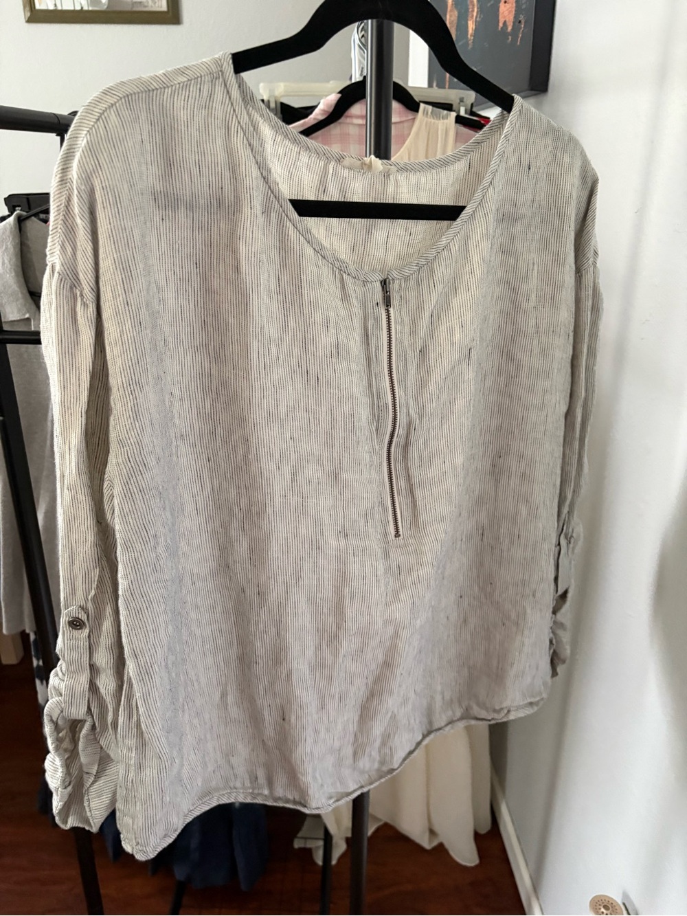 Eileen Fisher Cream and Light Gray Pinstriped Half-Zip Top